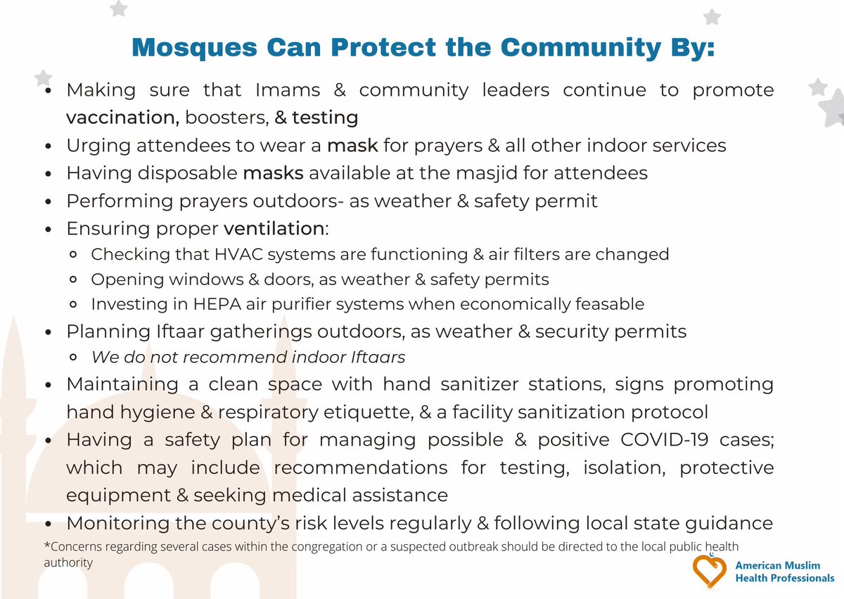 MuslimHealth's tweet photo. Wishing everyone a Blessed Ramadan!
As we move back to long awaited gatherings, check out these tips & recommendations for community members & Mosques to safely navigate this month!
#Ramadan #Ramadan2022 #WeCanDoThis #MadetoSave @Faiths4Vaccines @globalhealthc3 https://t.co/G7Oqdx76Wa
