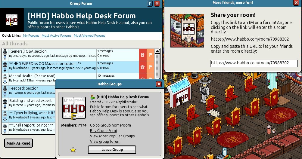 Hi, feel free to join <a href="/bikerbabe3_/">bikerbabe3</a>'s HHD group! Have questions about <a href="/Habbo/">Habbo</a>, and don't know what to do? Head over to the Habbo Help Desk [HHD] room and get involved in the forum.  #Habbo #HabboHelpers 

Room id: 70988302