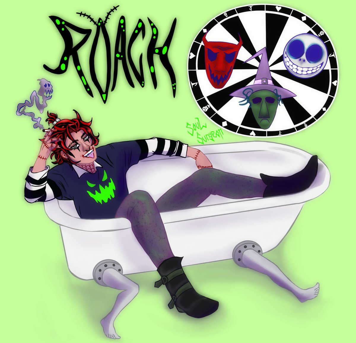 soulsurgeon1's tweet photo. Finished the illustration I made of @victreemelo yucky, stinky #twst_OC Roach!! Give this boy some love (and all your money) #simphour #twistedwonderlandoc #twistedoc #nightmarebeforechristmastheme https://t.co/bfSlvKcsD6