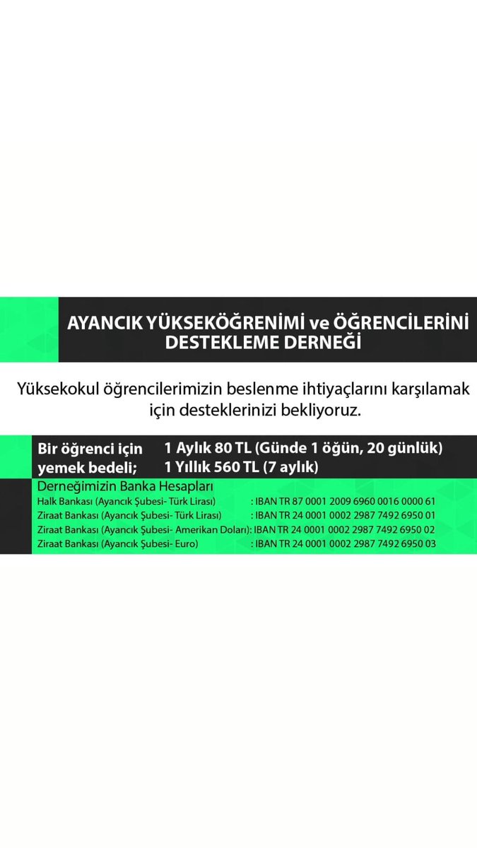 Ayancik Meslek Yüksekokulumuzda, hayırsever insanlarımız sayesinde her yıl Ramazan ayı boyunca,iftar veriyoruz. 1 öğrencimizin iftar yemeği bedeli sadece 4TL. Katkılarınızı ekteki dernek hesabına yada makbuz karşılığı okulumuza yapabilirsiniz. Ramazan-şerif mübarek olsun.