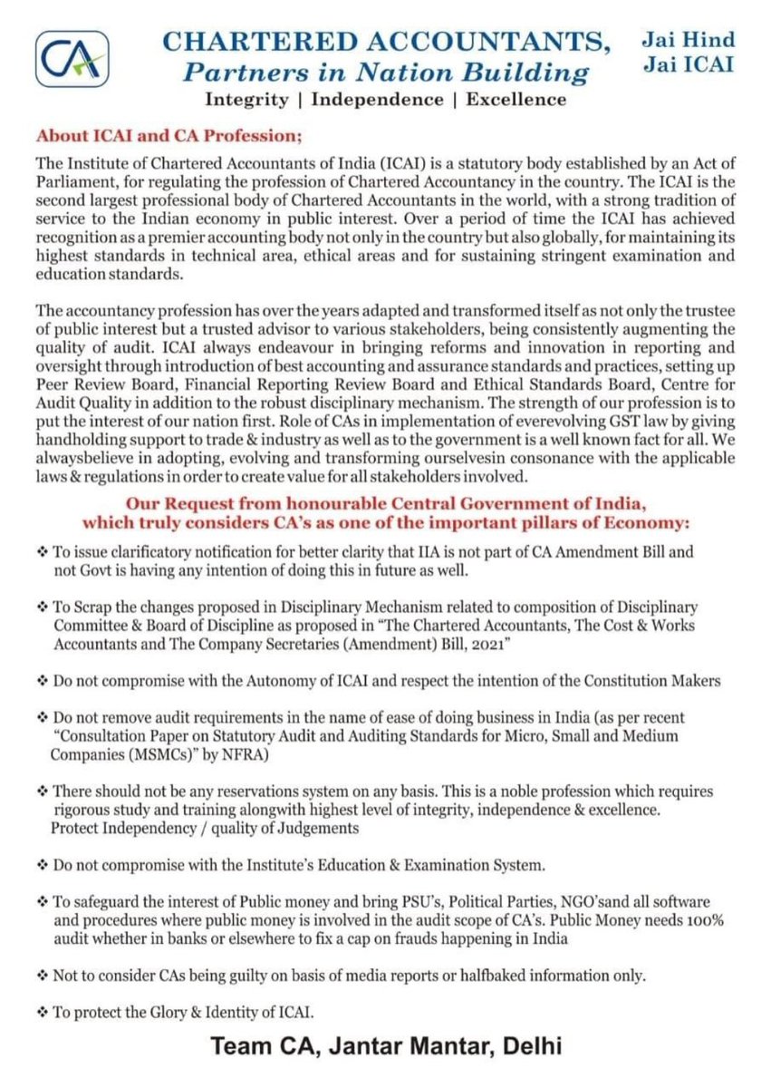 CA_DeepakJoshi's tweet photo. Today, (02-04-2022) Chartered Accountants (CAs) are protesting at Jantar Mantar from 10 am against CA Amendment Bill -2021.
All professional colleagues are requested to join in large numbers.
#ICAI
#CAbill https://t.co/MKo2jEQEBz