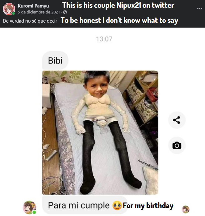 ShizuneAndy's tweet photo. @marblesodaart And all these also made up? Why would you do suggesive jokes like these or put the face of a child on a sex doll? Doesn't matter if the kid is popular or no for a meme, it's disgusting https://t.co/C20STnY4q6