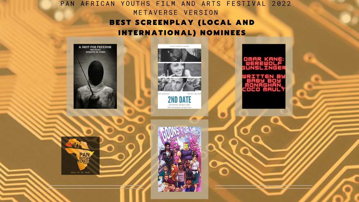 A SHOT FOR FREEDOM By GIUSEPPE DE VUONO/ Italy

-2nd Date By Jaik Andino/United States

-Omar Kane: Werewolf Gunslinger/
Writers Baby Boy Monaghan, Coco Mault /United States

-GOONS FOR HIRE - THE RISE OF NORM
Writer Shawn L Landrum/United States 
#filmfestival #youthsfestival