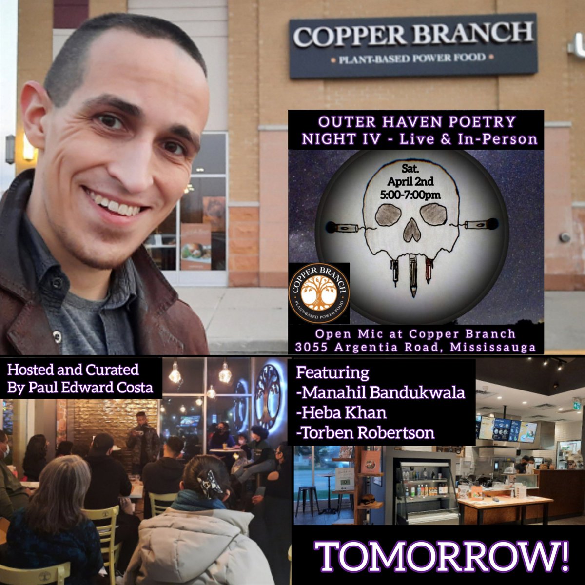 paul_e_costa's tweet photo. LIVE POETRY and an open mic SATURDAY (tomorrow) in Mississauga!🎙😎
FB Event: https://t.co/8mSiPUSBYL

Featuring:
@manahilbanduk
Heba Khan 
@TorbenRobertson

Email paul.costa89@gmail.com to register for the open mic
@SaugaCulture
#copperbranch #poetry #poetryreading #spokenword https://t.co/kE97Wbl6aP