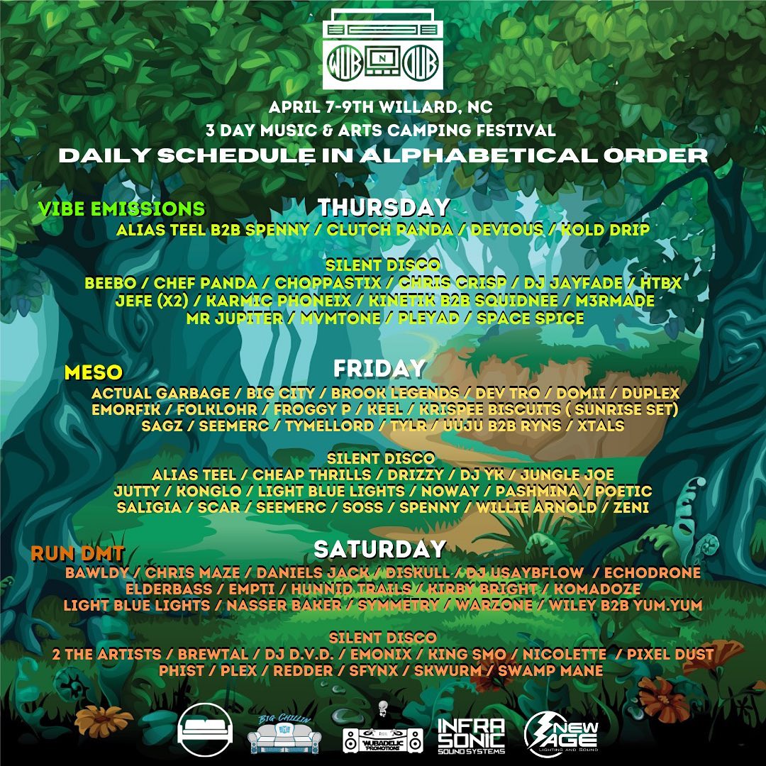 StationUDG's tweet photo. Daily Schedule for Wub N Dub Arts &amp; Music Festival  NEXT weekend in Willard, NC 🔊📋🙌
https://t.co/9mVNvWZZu2 https://t.co/PcHwdDRn2d
