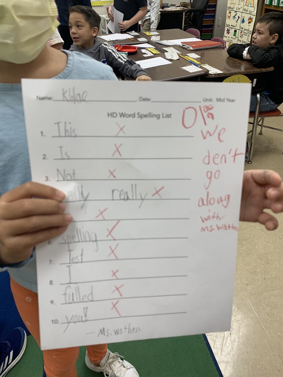 MrsKarynWathen's tweet photo. APRIL FOOLS!!!! The kids got fooled with a fake spelling test and decided to keep the fools going by writing all of them wrong to trick their parents when they get home! They thought this was hilarious! #AprilFoolsJoke #HardestTestEver 😂🤭 https://t.co/Yy1fjcjxVt