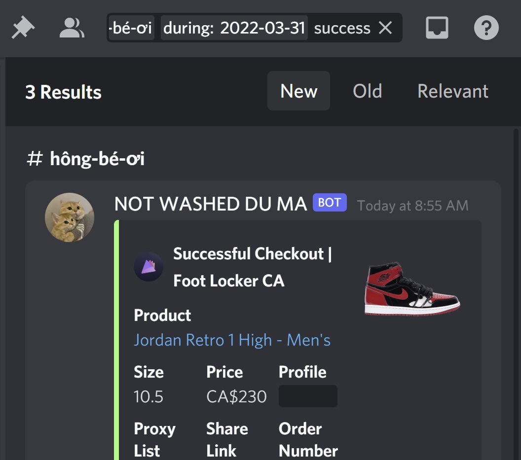 Viet Bakery ACO (@cookonsight) on Twitter photo Union was a mess but FTLCA our team stay strong
30+ Checkouts on Patent Bred 1s.
100+ Checkouts on UNC 6s.
Special thanks:
π€ <a href="/PrismAIO/">Prism</a> @wrathsoftware
π― <a href="/LiveProxies/">Live Proxies</a> <a href="/wukongProxy/">ζ空代η</a> <a href="/Anonymous_Prox/">Anonymous Proxies</a> <a href="/WolvesProxy/">WolvesProxy</a> <a href="/sword_proxy/">Sword Proxy</a>
π <a href="/AMNotifyCA/">AMNotify Canada</a>
π <a href="/thevietbakery/">vietkoong</a> <a href="/hkay0506/">k.pham</a> <a href="/an_phng1/">jphung</a> Union was a mess but FTLCA our team stay strong
30+ Checkouts on Patent Bred 1s.
100+ Checkouts on UNC 6s.
Special thanks:
π€ <a href="/PrismAIO/">Prism</a> @wrathsoftware
π― <a href="/LiveProxies/">Live Proxies</a> <a href="/wukongProxy/">ζ空代η</a> <a href="/Anonymous_Prox/">Anonymous Proxies</a> <a href="/WolvesProxy/">WolvesProxy</a> <a href="/sword_proxy/">Sword Proxy</a>
π <a href="/AMNotifyCA/">AMNotify Canada</a>
π <a href="/thevietbakery/">vietkoong</a> <a href="/hkay0506/">k.pham</a> <a href="/an_phng1/">jphung</a>