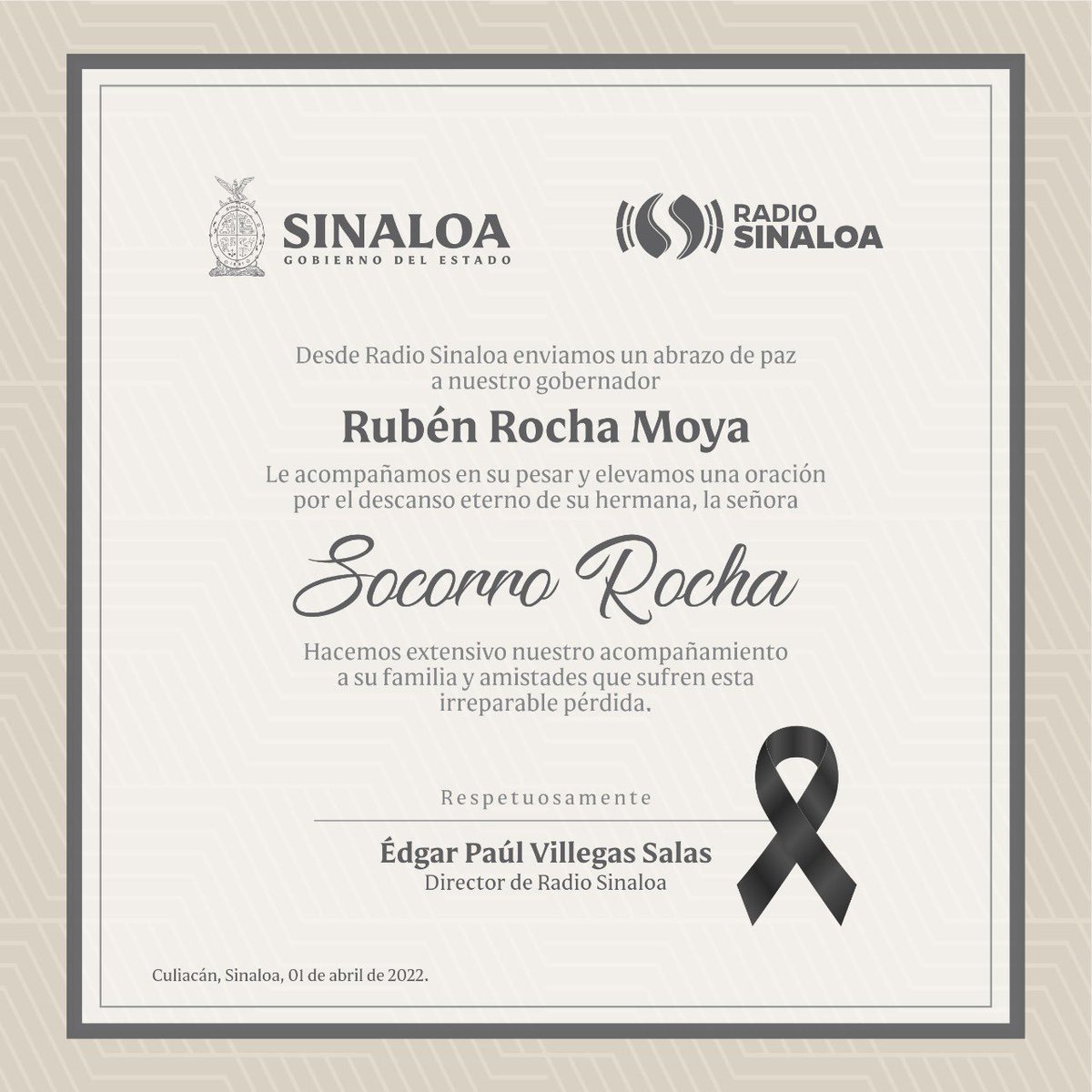 RadioSinaloaFM's tweet photo. #Condolencias 🕊
Una oración por el eterno descanso de la señora Socorro Rocha, hermana de nuestro gobernador @rochamoya_
Deseamos paz a los corazones que lloran su partida y les abrazamos respetuosamente. 🕊
El equipo de @RadioSinaloaFM https://t.co/cBnEltEhxY