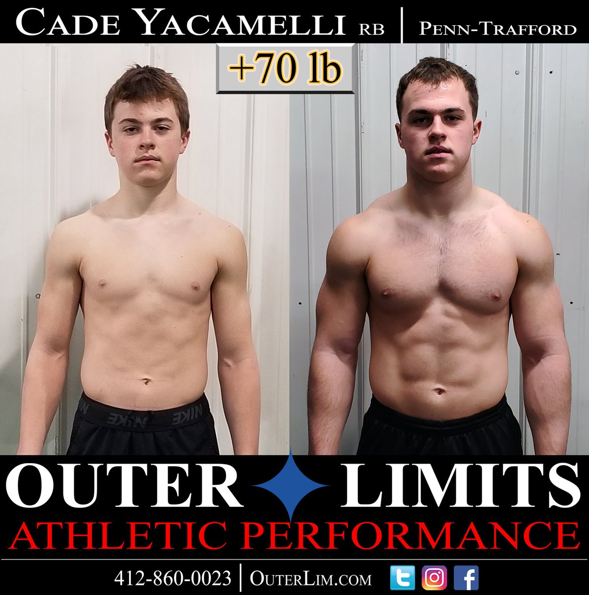 outerlim's tweet photo. Cade Yacamelli's transformation‼️ Soph➡️Sr: +70 lb bodyweight, +15" improved vertical (41.3"), 4.4s 40-yd dash, 70" box jump, 370 bench, 570 deadlift, #Wisconsin 🏈 commit ...and we're not done yet 💪📈✦ #OuterLimitsTraining
@cyacamelli @BadgerFootball @ptwarriorfb https://t.co/WILzY5XPs0