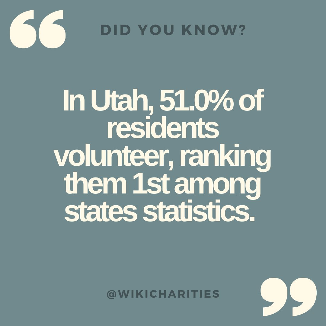 WikiCharities's tweet photo. Did you know? 51% of Utahns volunteer in their community. #didyouknow #wikitips #utah #volunteer #nonprofit https://t.co/QgxA7XyFMo