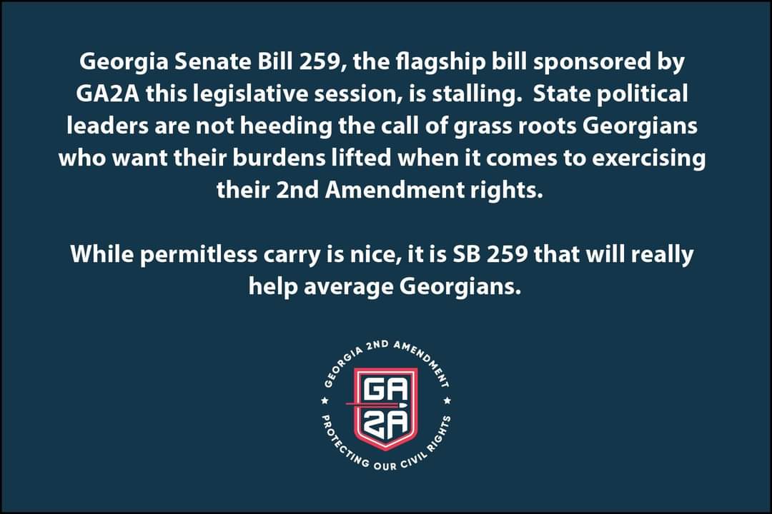 GA2Aorg's tweet photo. SB259 is stalled and needs your help!
Please call and e-mail Governor Kemp and your local legislator, and urge them to support SB259. This bill is of vital importance for 2nd Amendment backers in Georgia and needs to advance ASAP!#SB259 #GA2A #2A #gapol https://t.co/oCUEtVvqaj