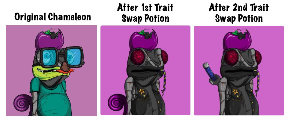 This pudgy cham was tired of being bullied. With potions, he transformed into a battle tested warrior. 

Swapping traits is the evolution of NFTs!

If this tweet gets 1,000 likes &amp; retweets, I’ll give this cham to a holdr who tags 3 friends + like + RT 😰
 #nft #nfts #NFTGiveaway