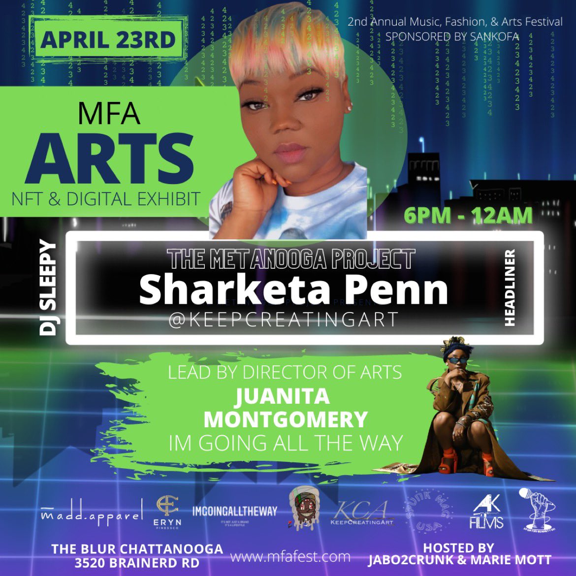WoodworkAgency's tweet photo. [ ART ] 

#MetaNooga Tennessee, Your MFA Artist  @keepcreatingart Will Be Performing Live Body painting and cutting edge #NFTs @MfaFest‼️

Hosted By @4two3marie &amp; @Jabo2Crunk 

Sound Control by @eyeamsleepy 

Sponsored By @sankofafundcha 

#423DAY #MFAFest #423Booming https://t.co/6R2IC6Sj4z