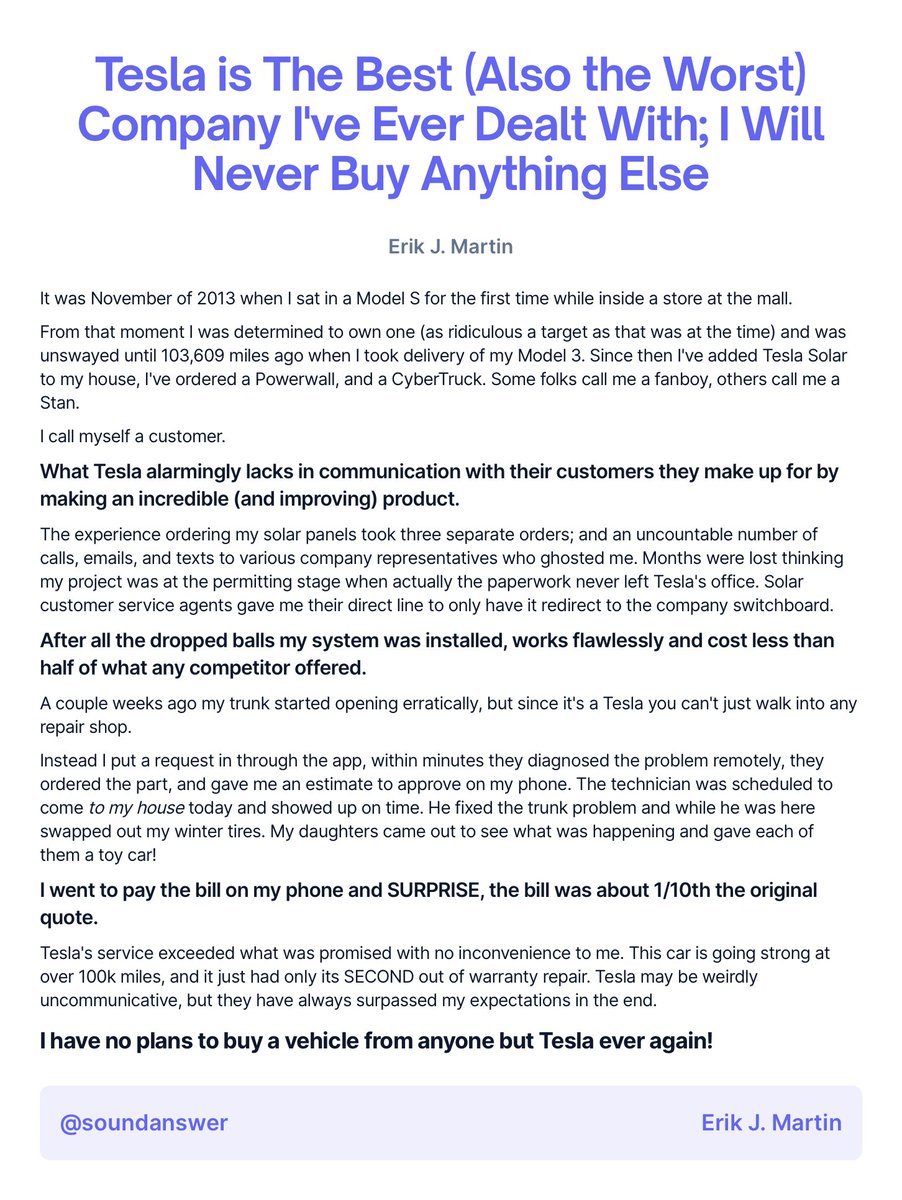soundanswer's tweet image. Tesla is simultaneously the best and (also the worst company) I&apos;ve ever dealt with. I will never buy anything else again.

#teslaserviceissues
