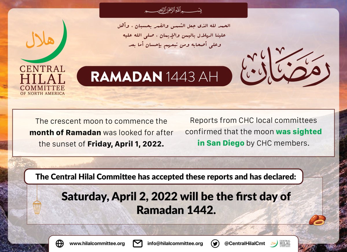CentralHilalCmt's tweet image. The crescent WAS SIGHTED in San Diego, California. Ramadan 1 is on Saturday, April 2. Ramadan Mubarak and thanks for your patience. hilalcommittee.org