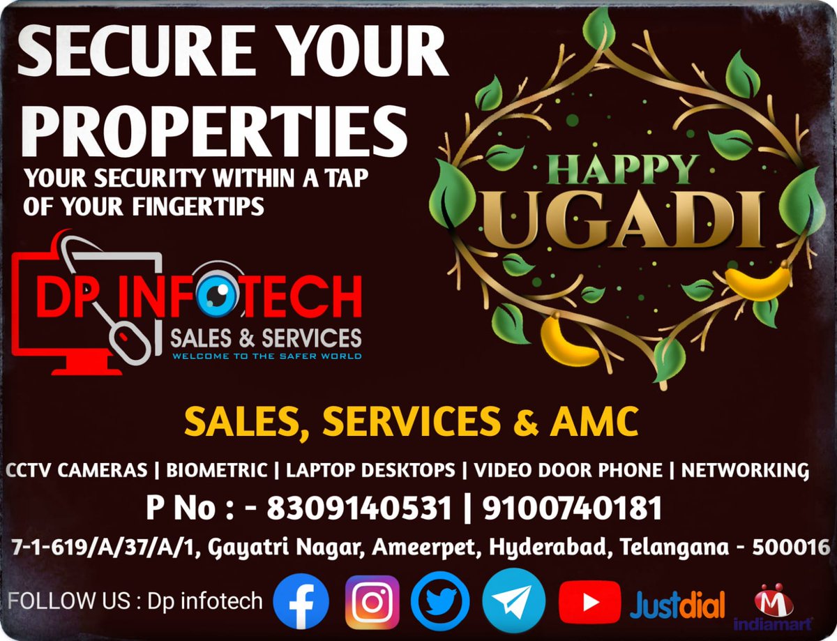 InfotechDp's tweet photo. Happy Ugadi 2022 #CCTVCamera #cctvhd #cctvsystem #cctvonline #CCTVSelling #cctv #CPPLUS #Hikvision #adhua #Hyderabad #Telangana #india #worldcctv #indiacctv #dpinfotech #cctv #CctvAmeerpet  #cctvgiddalur #cctvhyderabad #dpinfotech #cctvhyderabad #cctvhitechcity #cctvgiddalur #cct https://t.co/lCy883lcJA
