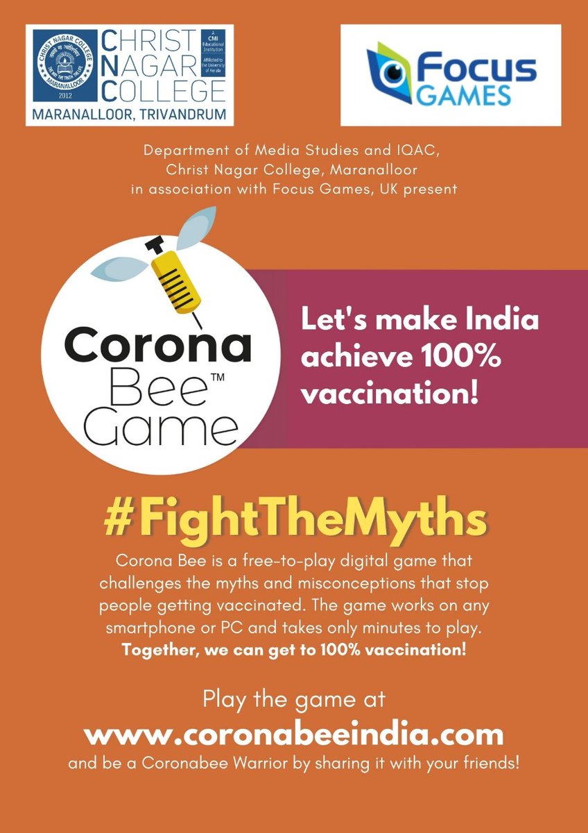 manjurosemath's tweet photo. #CovidisStillHere. Together, let's make India 100% vaccinated! CoronaBee is a free-to-play digital game, challenges the myths and misconceptions that stop people getting vaccinated.  #Covid_19 #FighttheMyths
Play the game at https://t.co/O0okCz6hQF and share it with your friends! https://t.co/iq9xCN2max