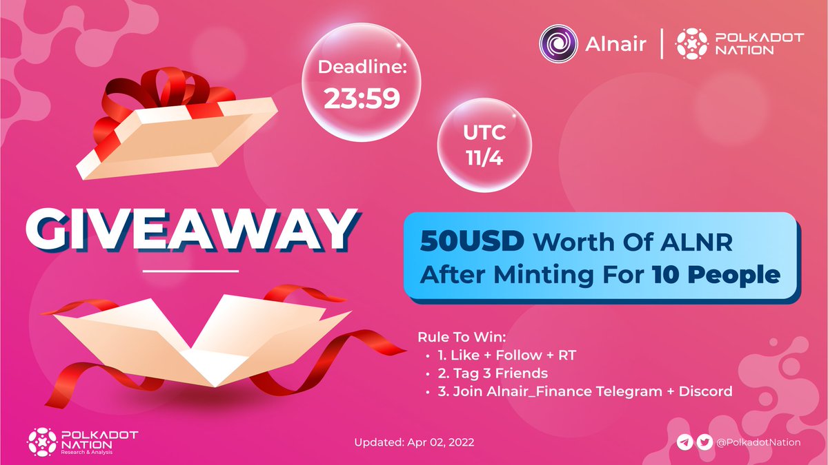 PolkadotNation's tweet photo. 🎉@Alnair_Finance X @PolkadotNation GIVEAWAY
Total Reward: 500USD worth of ALNR for 10 people
Deadline: 23:59  UTC 10/04
Rule to win: 
1. Like +Follow + RT 
2. Tag 3 friends
3. Join @Alnair_Finance Telegram (https://t.co/QfMNz4GZUz) + Discord (https://t.co/G7wNzHT4AN)
Have fun💖 https://t.co/ccSQziKaXq