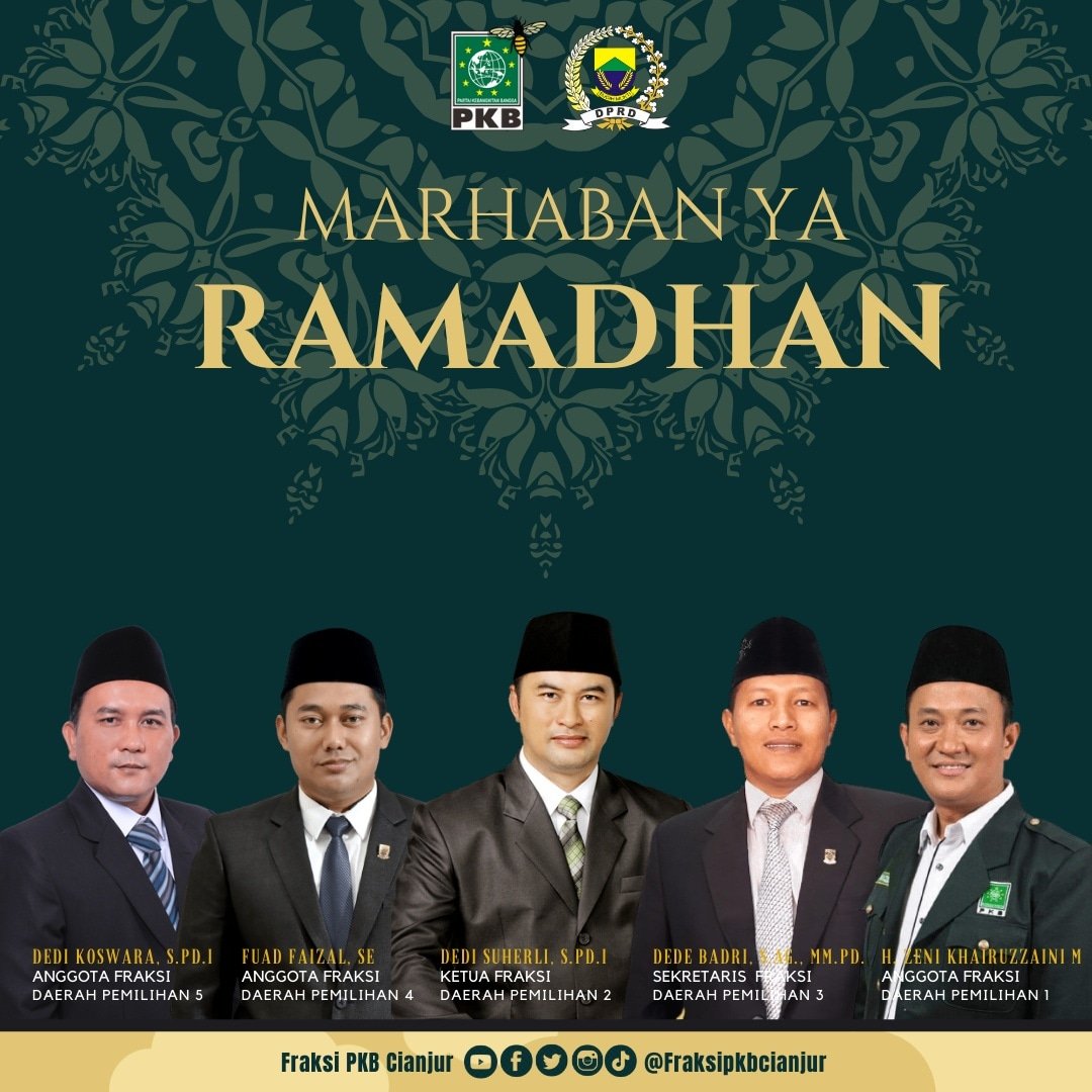 Selamat menunaikan Ibadah Puasa 1443 H
<a href="/cakimiNOW/">A Muhaimin Iskandar</a> <a href="/EmHasanuddin/">M Hasanuddin Wahid</a> <a href="/nengeemofficiaI/">Neng Eem Marhamah ZH</a> <a href="/SyaifulHooda/">Syaiful Huda</a> <a href="/AcepJamaludin01/">Acep Jamaludin</a> <a href="/asepsuh_GT/">asep suherman</a> <a href="/Firmansyahlepi/">Levi Firmansyah</a> <a href="/Muslimoffi1Aziz/">Aziz_Muslim_official</a> <a href="/dedicalegpkb/">Dedi Suherli</a> <a href="/DedeBadri3/">@Kang DEBA</a> <a href="/DediKoswara2/">Dedi Koswara</a> <a href="/fhoeads/">fuad faizal</a> <a href="/DPP_PKB/">DPP PKB</a> <a href="/dpwpkbjabar/">DPW PKB JABAR</a> <a href="/PkbCianjur/">DPC PKB CIANJUR</a>
#RamadanMubarak #Gusmuhaiminpresiden2024