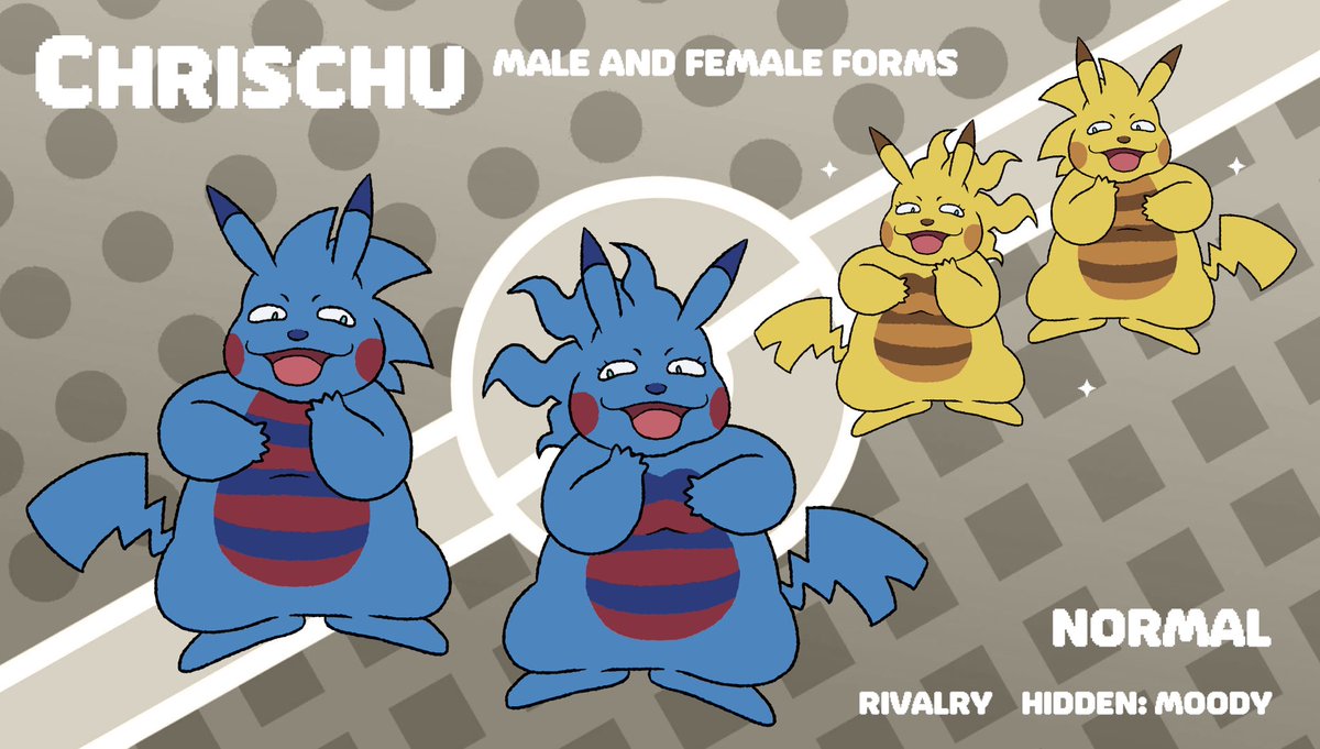 orbmonsters's tweet photo. Chrischu, the Awkward Deviant #fakemon!
Basically a downgraded relative of Pikachu. Color palettes inspired by Chris and Liquid Chris.
#chischan #cwc #christinewestonchandler #sonichu https://t.co/yuwQq5hdYO