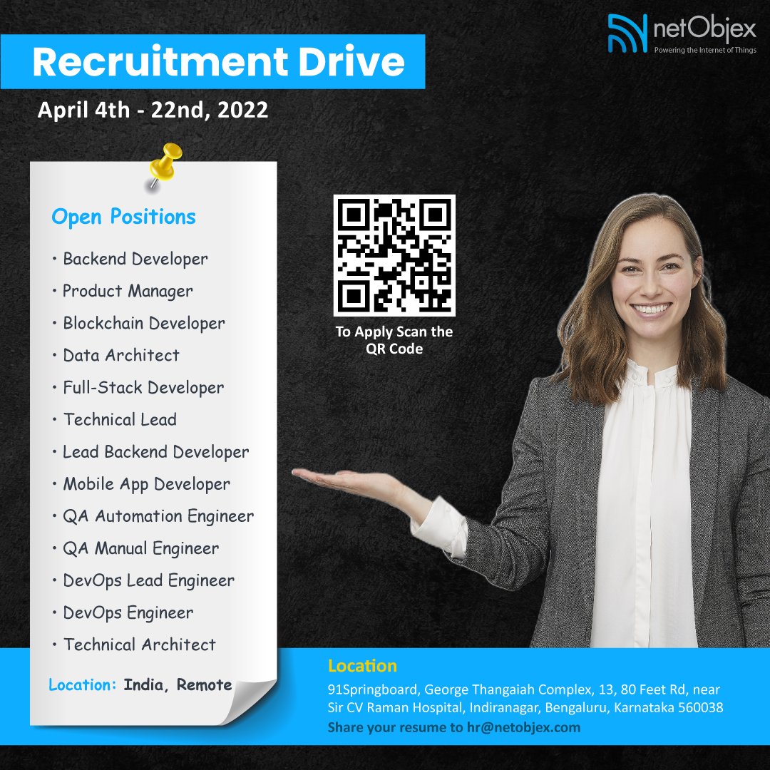 NetObjex's tweet photo. Join the Biggest #NetObjex #Recruitment Drive 2022! 
From April 4th to 22nd, 2022.
To secure your spot simply Scan the code and Apply or share your CV at hr@netobjex.com
#jobseekers #careers #Jobs https://t.co/6ldMt334PF