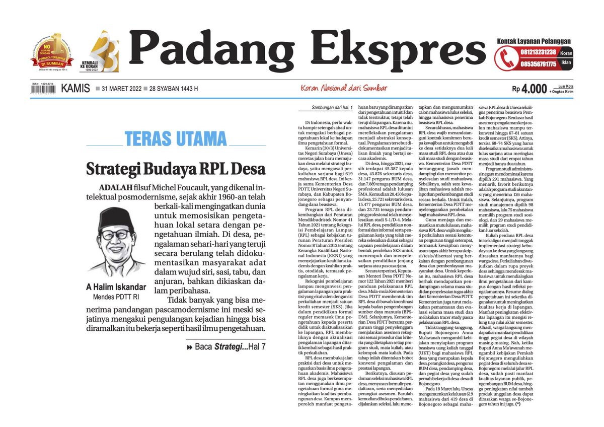 debbyDB23's tweet photo. STRATEGI BUDAYA RPL Desa, #KickOffRPLDesa adalah opini A Halim Iskandar, Menteri Desa, PDT dan Transmigrasi di Padang Ekspres Halaman 1
@jokowi
@kemendespdtt
@halimiskandarnu
@tppkemendes https://t.co/msskeiXM6I