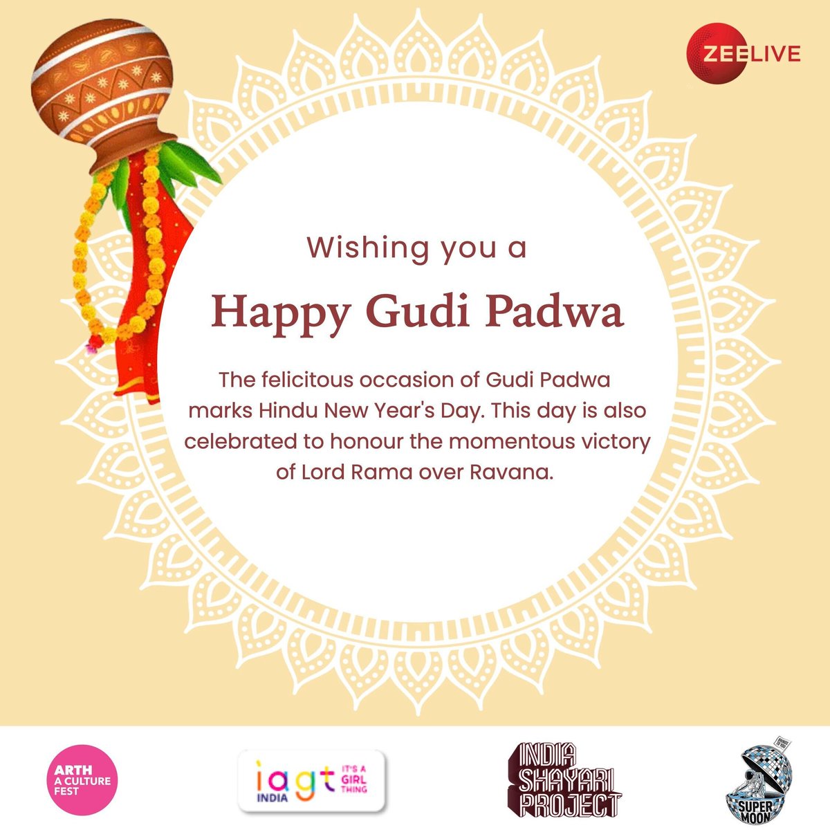 May the auspicious occasion of Gudi Padwa bestow gifts of harmony, prosperity and perseverance upon you and your loved ones. May you be blessed with courage to embrace new beginnings and opportunities too. 

Team Zee Live wishes you a Happy Gudi Padwa.
.
#ZeeLive
#HappyGudiPadwa