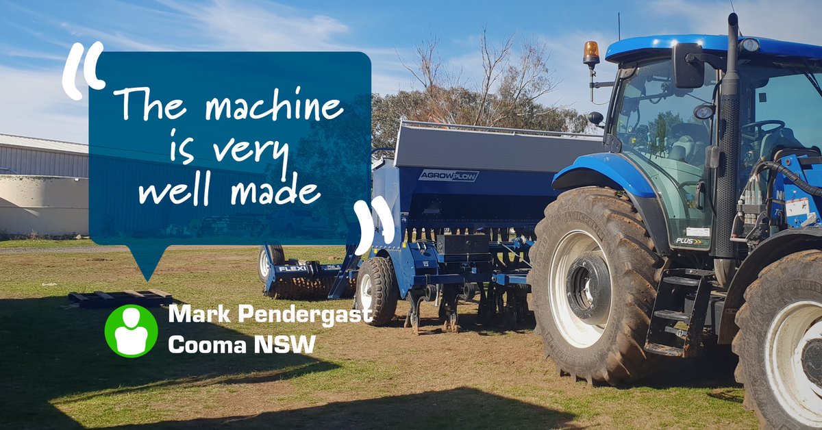 "Machine is very well made and easy to calibrate. First job was 60 acres of hard, rocky ground and the the machine handled it well. 10/10"
📍 Mark Pendergast, Cooma NSW
ℹ️ Agrowdrill AD230, 425 Coil Tynes, 20x150mm spacings