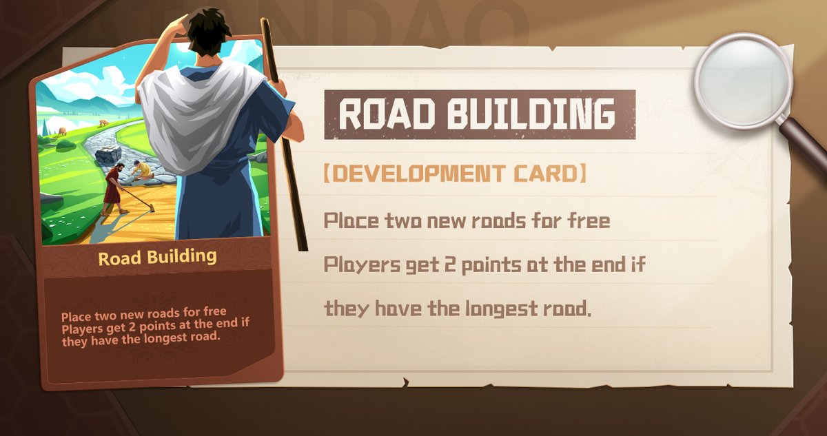 KatanDAO_game's tweet photo. 1/7 Development Card 【Road Building】
➡️Place two new roads for free
➡️Players get 2 points at the end if they have the longest road
#Gameplay #boardgame #Gameindev https://t.co/3rUhVCiZQ7