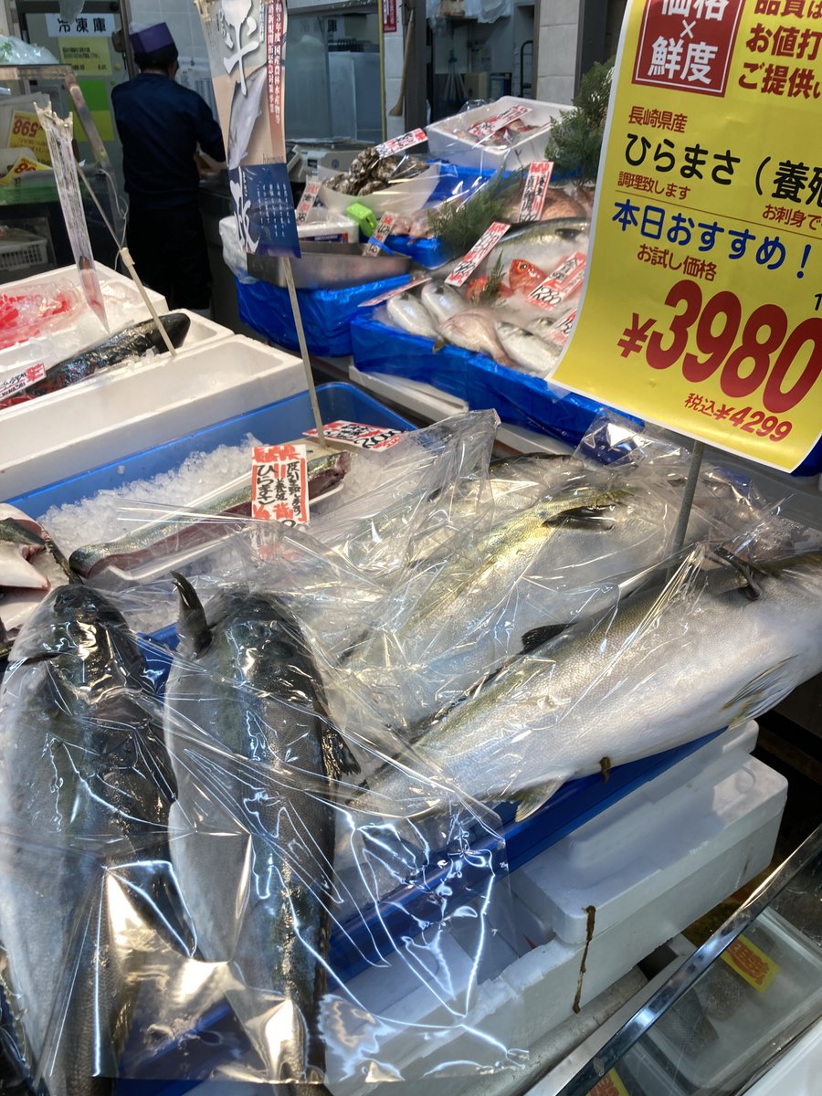hot1022's tweet photo. ヒラマサが一匹4,000円。半身で2,000円だったので半身を皮引きまでしてもらいました。まるままでも捌けるんですが、台所広くないし仕分けが面倒。調理代無料やしできるところまでやってもらうのが吉。とはいえ、男の子なら魚の一匹くらい捌けんとだめなので、時間ある時はなるべくそのまま買おうね。 https://t.co/kRugaYab8h