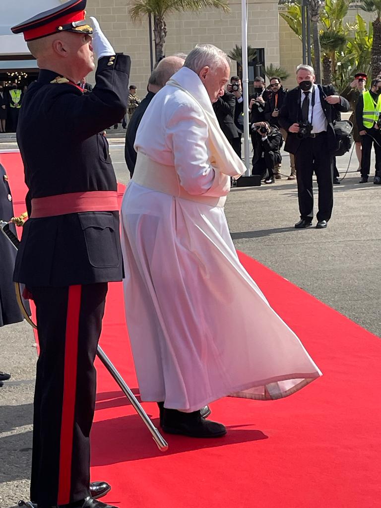 Pope Francis arrives at the Malta International Airport on Saturday morning, as he begins his two-day visit to the Mediterranean island nation.