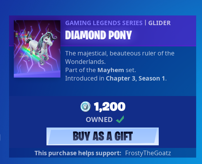 AquilaxTV's tweet photo. Bought the Diamond Pony glider using code FrostyTheGoatz to support bestie @FrostyTheGoatz 💜 https://t.co/bw8ApbfWE9