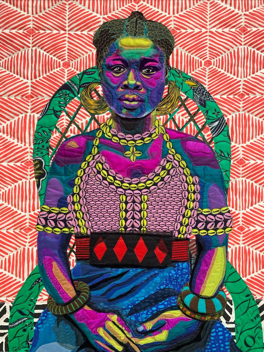 Bisa Butler, Dahomey Amazon, 2019, cotton, silk, wool and velvet, quilted and appliquéd artwork #WomensArt