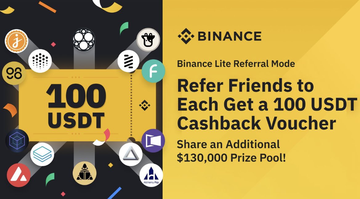 UKZeek's tweet photo. Introducing #Binance  Lite Referral!

Refer your friends to each receive a 100 $USDT Cashback Voucher and enjoy an additional $130,000 prize pool. CLICK ➡️ https://t.co/8YBpq8M0zx         Now! #Crypto #NFTs #Bitcoin #Ethereum $rose $ach $ada $one $btc $ftm https://t.co/c51Lo2iqX6
