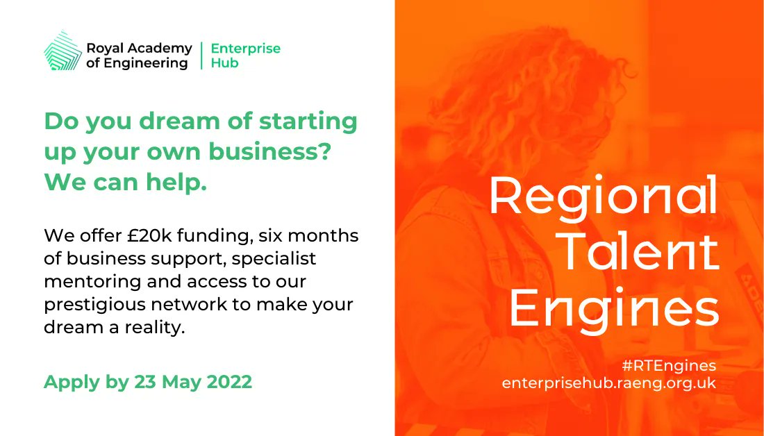 The Regional Talent Engines is designed to provide college leavers with technical qualifications OR practising engineers who want a career change, to develop an innovation at ideation stage into a business. If this sounds like you, apply now: enterprisehub.raeng.org.uk/programmes/reg… #RTEngines