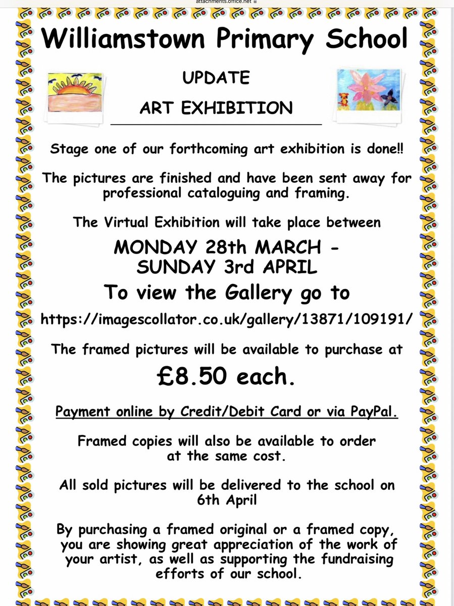 Our Virtual Art Exhibition ends at midnight on Sunday 3rd April.  That’s this Sunday! This will be the last chance to buy your child’s original artwork. Thanks to those who have bought theirs already. It helps us to raise funds for the school.  Diolch!