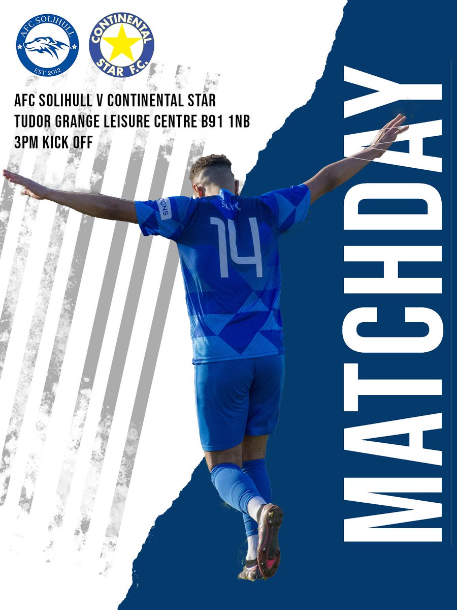 ⚽️ 𝗠𝗔𝗧𝗖𝗛𝗗𝗔𝗬 ⚽️ 

Join us today for our final game of the season as we take on <a href="/CSFC_famo_club/">Continental Star FC</a> at 3pm.

🏆 <a href="/MidlandLeague/">Capelli Sport Midland Football League</a> 
🆚  <a href="/CSFC_famo_club/">Continental Star FC</a> 
⏰ 15:00PM
📍Tudor Grange Leisure Centre, Blossomfield Rd, Solihull, B91 1NB
🎟 Tickets on The Gate