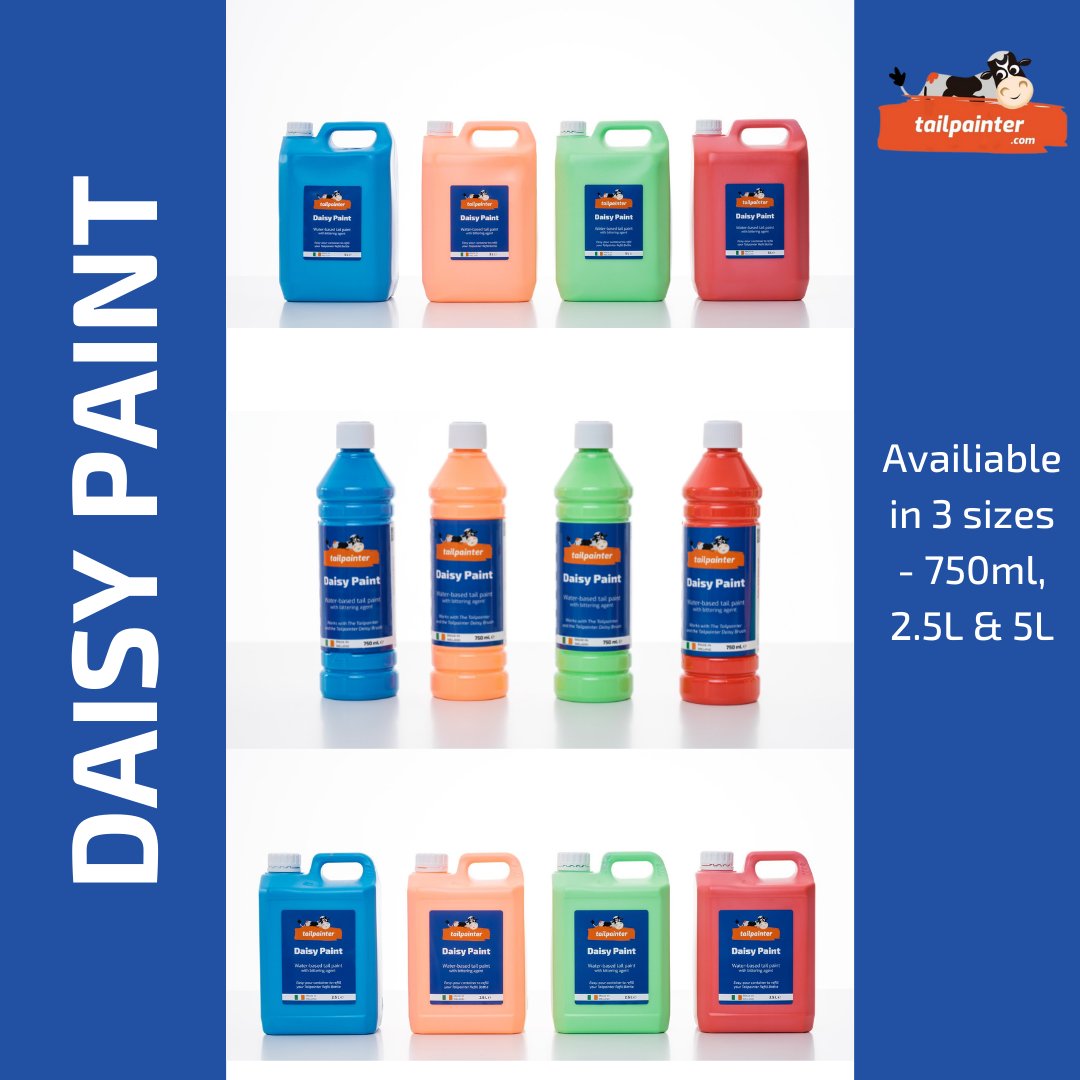 tailpainter's tweet image. Daisy Paint is a water-based vibrant tail paint from Tailpainter! Daisy Paint comes in three different sizes - 750ml, 2.5L &amp;amp; 5L. The paint can be purchased in four bright vibrant colours - blue, red, orange &amp;amp; green! 🐄 🎨
