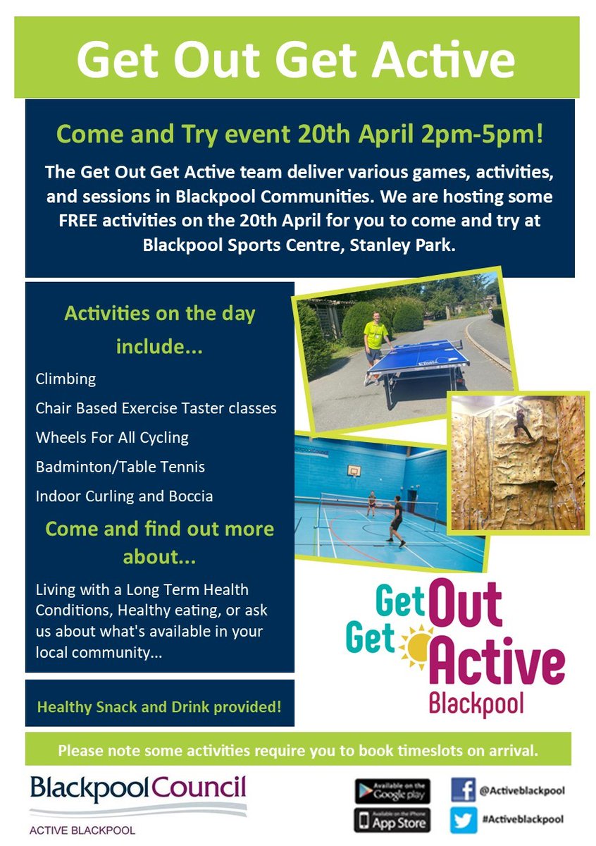 📣 Get Out Get Out Active - Taster Event

📆 Wednesday 20th April 
📍 Blackpool Sports Centre
⏰ 2.00pm - 5.00pm

No need to book on, just turn up and try some of our free activities. The event is inclusive for everyone, so why not come down and see what we do!
<a href="/GOGAblackpool/">GOGA Blackpool</a>