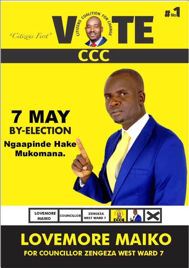 CliffordHlatyw1's tweet photo. By Election in ward 7 of Chitungwiza Municipality on the 7th of May2022. Lovemore Maiko representing the Yellow Movement Yellow Nation, let’s all take part. ⁦@maiko_lovemore⁩
7 May: Ngaapinde Hake Maiko
2023: Ngaapinde Hake Mukomana https://t.co/CP4KFkaN7R