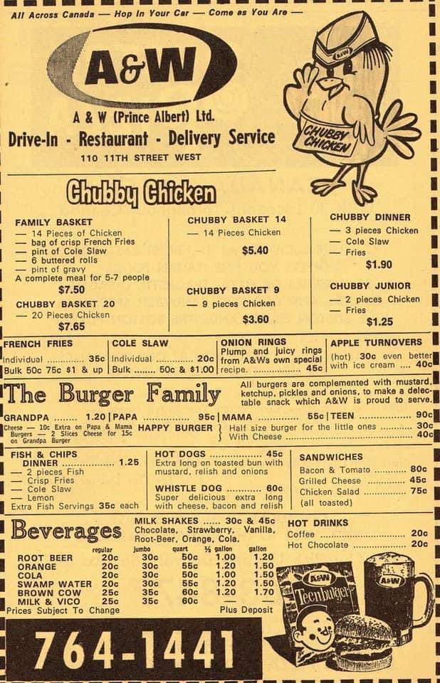 oldcanadaseries's tweet photo. A &amp; W menu from the 1960s in Prince Albert, Saskatchewan. https://t.co/KLCH7fAaQR