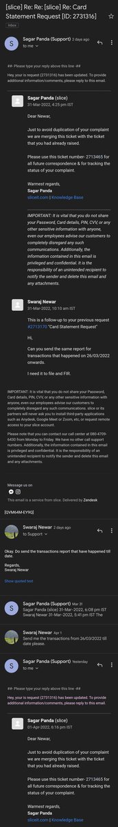 swarajnewar's tweet photo. Day 7 of Slice debacle
No progress in resolving the issue. Been asking @slice_cares @sliceit_ for a transaction report of all the fraudulent transactions in order for me to file and FIR but all I get is automated replies even after having spoken over the phone..are you SERIOUS? https://t.co/nRqPqqzPmh