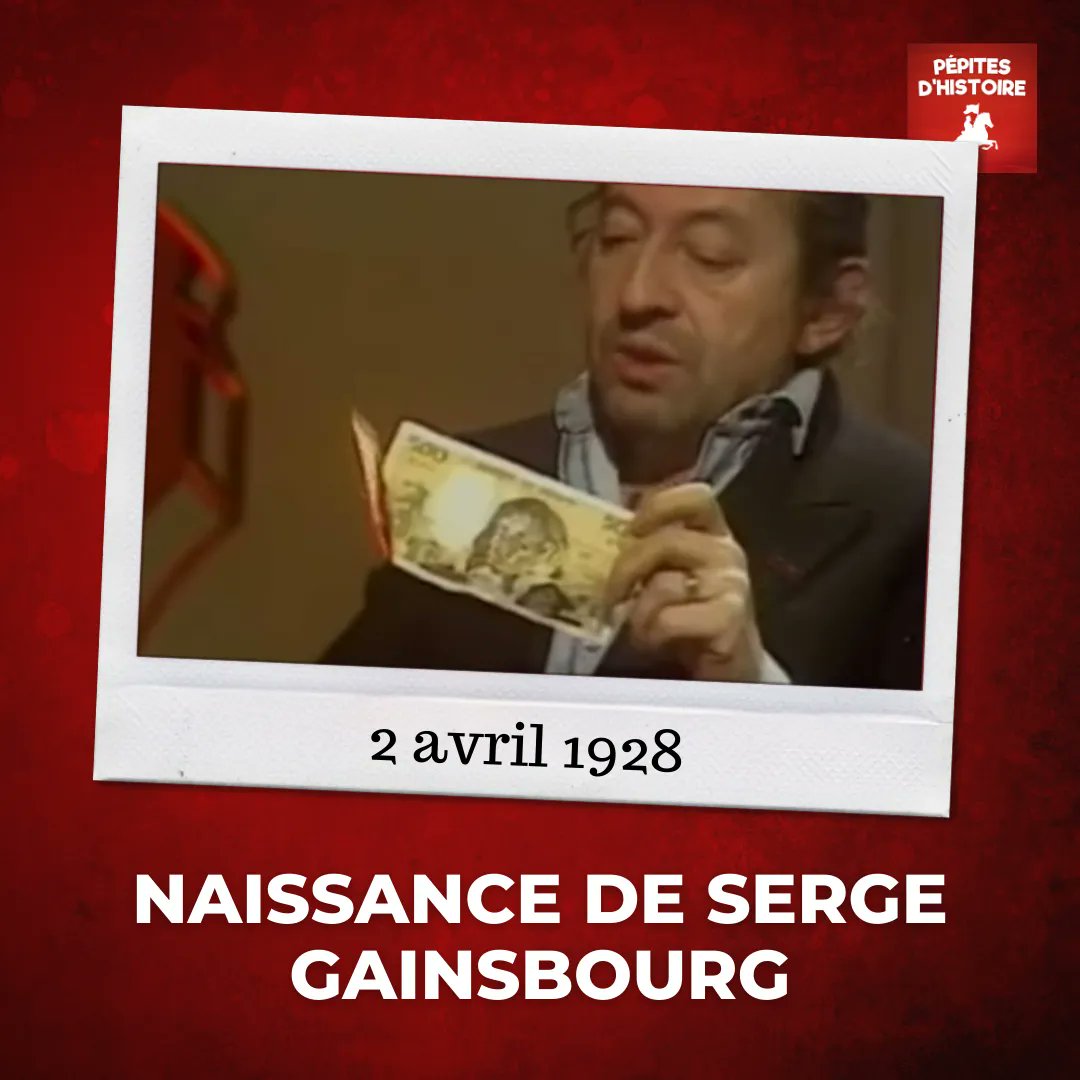 Pépites d'Histoire (@histoire_pod) on Twitter photo Dans le IVe arrondissement de Paris, le 2 avril 1928, naît Serge Gainsbourg. Un chanteur talentueux, célèbre notamment pour "La Javanaise" ou "Le poinçonneur des lilas" 🎤 Un artiste parfois provocateur aussi, allant jusqu'à brûler en pleine émission TV un billet de 500 francs ! Dans le IVe arrondissement de Paris, le 2 avril 1928, naît Serge Gainsbourg. Un chanteur talentueux, célèbre notamment pour "La Javanaise" ou "Le poinçonneur des lilas" 🎤 Un artiste parfois provocateur aussi, allant jusqu'à brûler en pleine émission TV un billet de 500 francs !