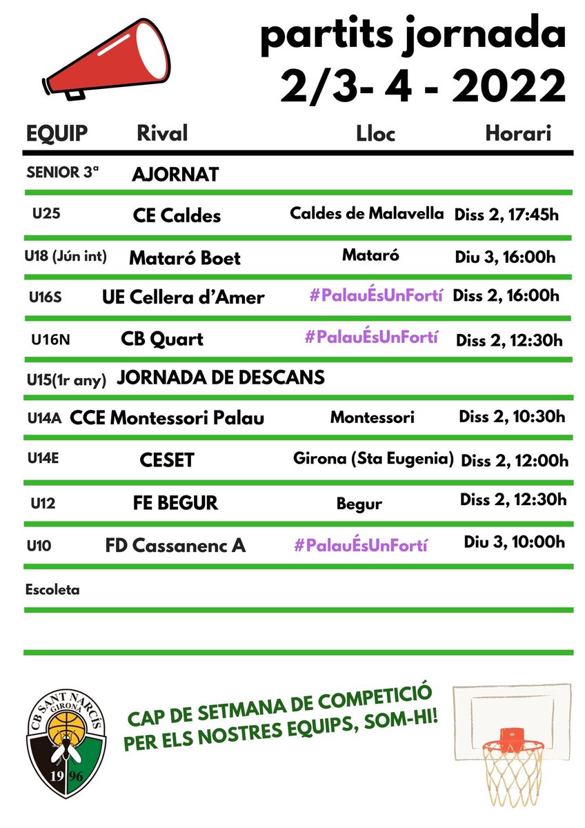 🗓Calendari de partits #CBSN d’aquest cap de setmana‼️🏀 

#CBSN #SomVerds #PalauÉsUnFortí
