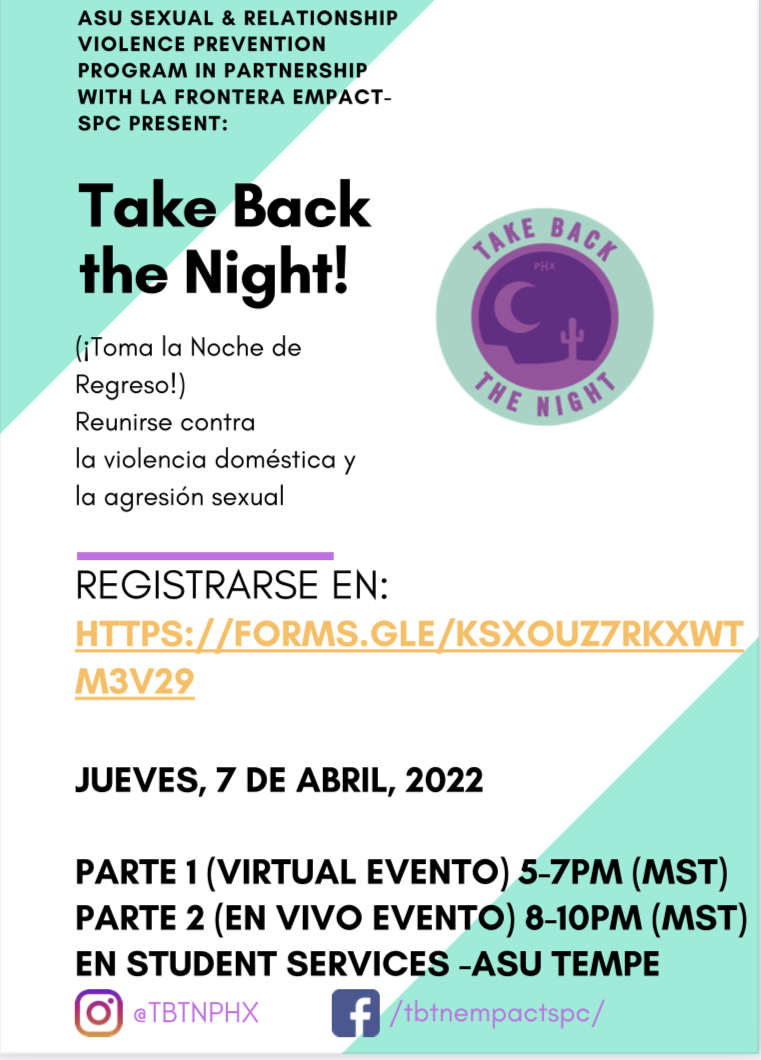 ASUWoCo's tweet photo. Rally together against domestic violence and sexual assault during the Take Back the Night event series. The series is split into two parts: a virtual event from 5-7pm and a live event from 8-10 pm. Both happening on April 7th. Link for online event: https://t.co/1NqImh8xnb https://t.co/F1YOHM3h87