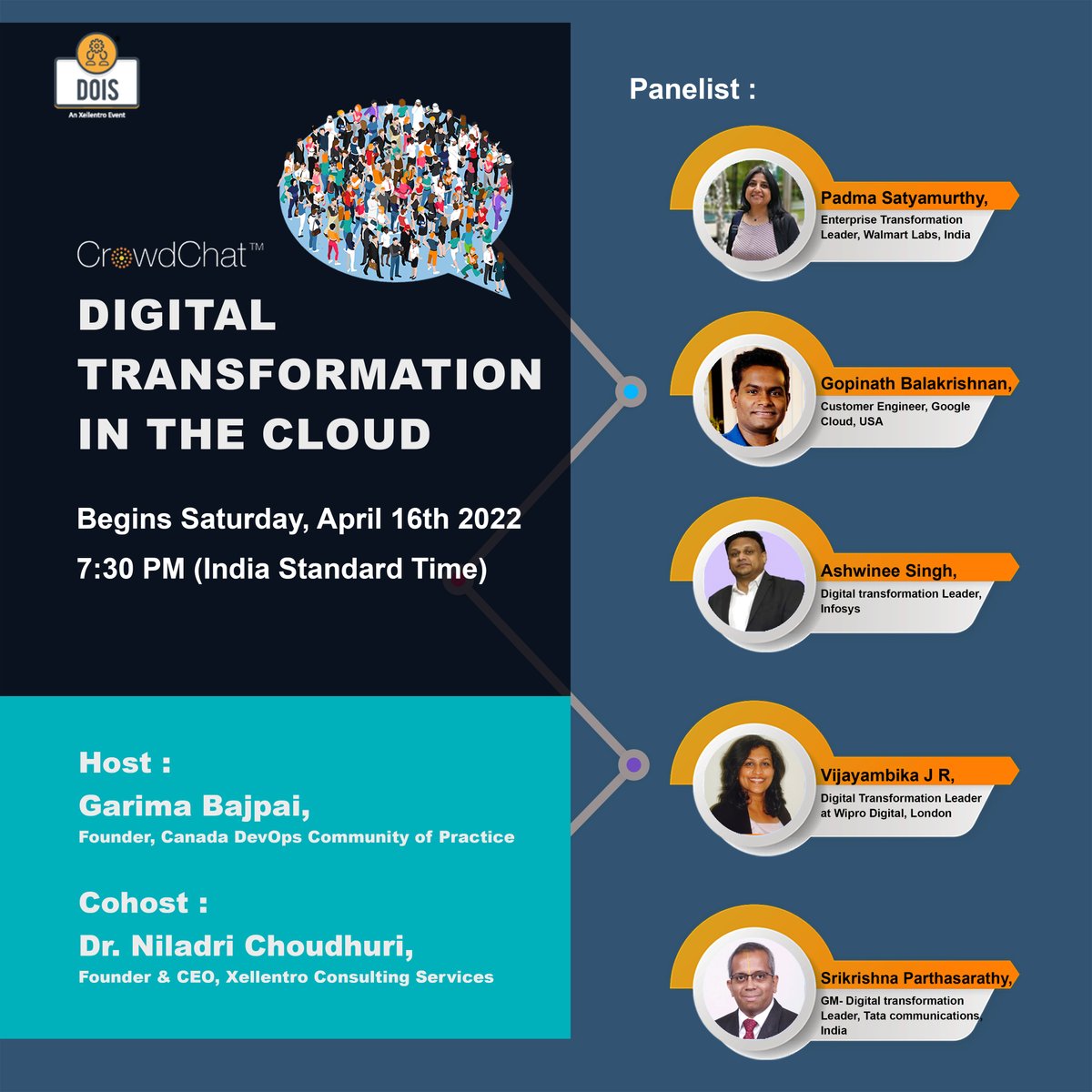 DevOpsIS's tweet photo. ‘Digital Transformation on the Cloud Part-1’ with industry leaders, on 16 April 2022 at 07:30 PM (IST). Login using your Twitter/LinkedIn/Facebook account by clicking here - https://t.co/CTJNR2dhCD
#cloud #ai #ml #devops #devsecops #sre #vsm #dataops #mlops #crowdchat https://t.co/qhbql4Wxcd