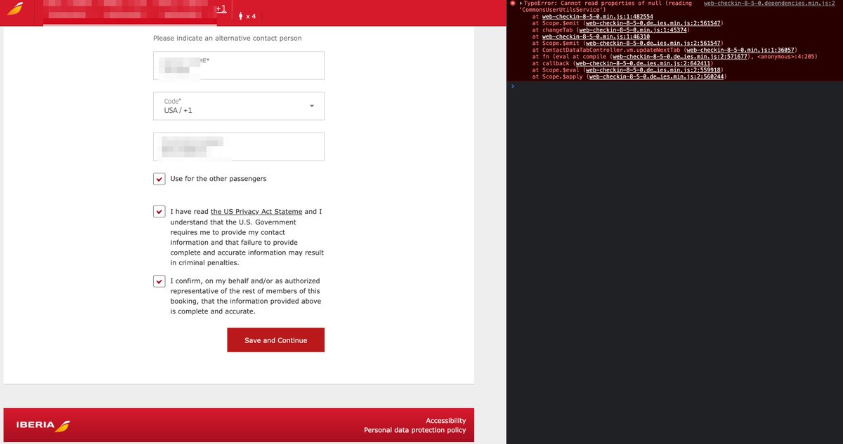 JeremyWeir's tweet photo. @Iberia_en Your online checkin webpage is broken. The final button has a javascript error that prevents the form from submitting https://t.co/v0Buaw1RFR