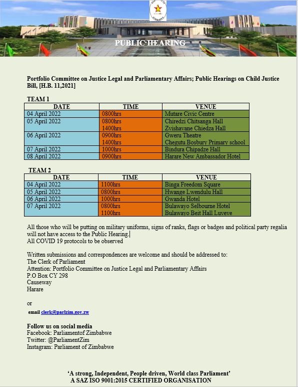 HwangeResidents's tweet photo. Public hearings to be conducted by Portfolio Committee on Justice Legal and Parliamentary Affairs on Child Justice Bill @hwangetown @molokele @NcubePeterson @ShanganoT @DiakoniaAfrica @ZELA_Infor @ZLHRLawyers https://t.co/03h6ZUoXp6