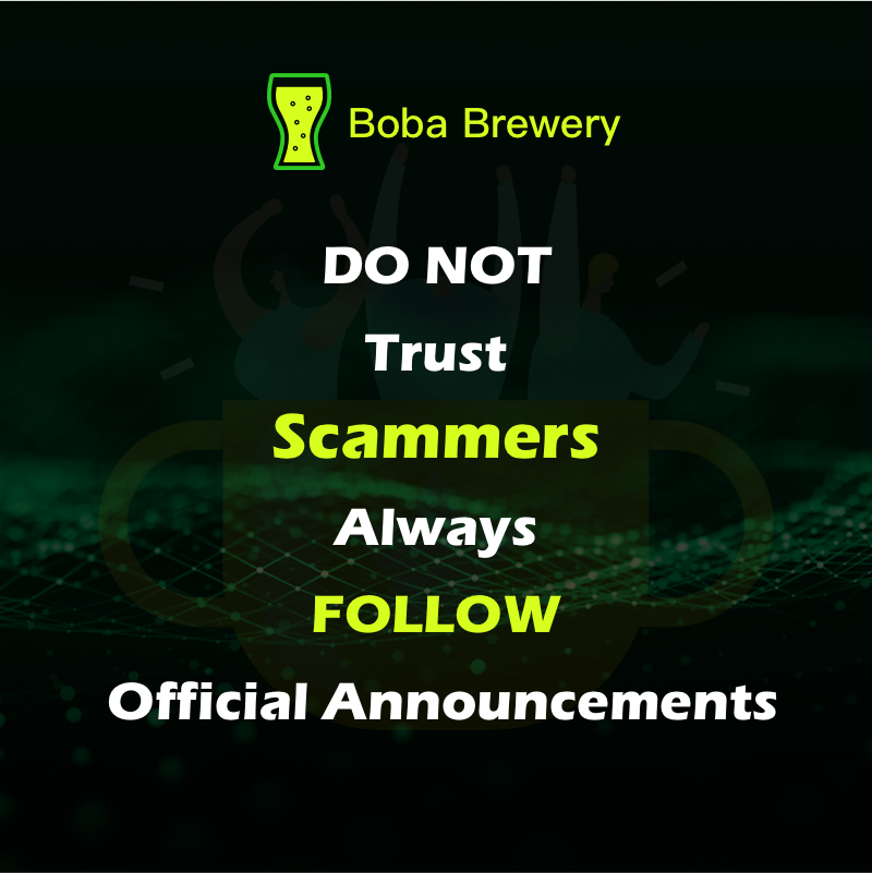 boba_brewery's tweet photo. Brewers,

There are many SCAMMERS out there, recently we find out people pretending to be us on both Twitter and Telegram.

Please check REAL Boba Brewery accounts here:
Twitter: @boba_brewery 
Telegram: https://t.co/8zQN0KLJQb

Please help us report FAKE ACCOUNT! https://t.co/BzdxZymBNl