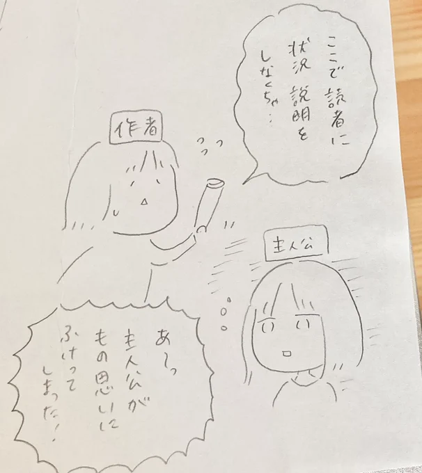 ネーム中のらくがき。ストーリーを作るときは頭の中で作者と主人公の二つの視点を同時に走らせるんですが、いつもこうなる 